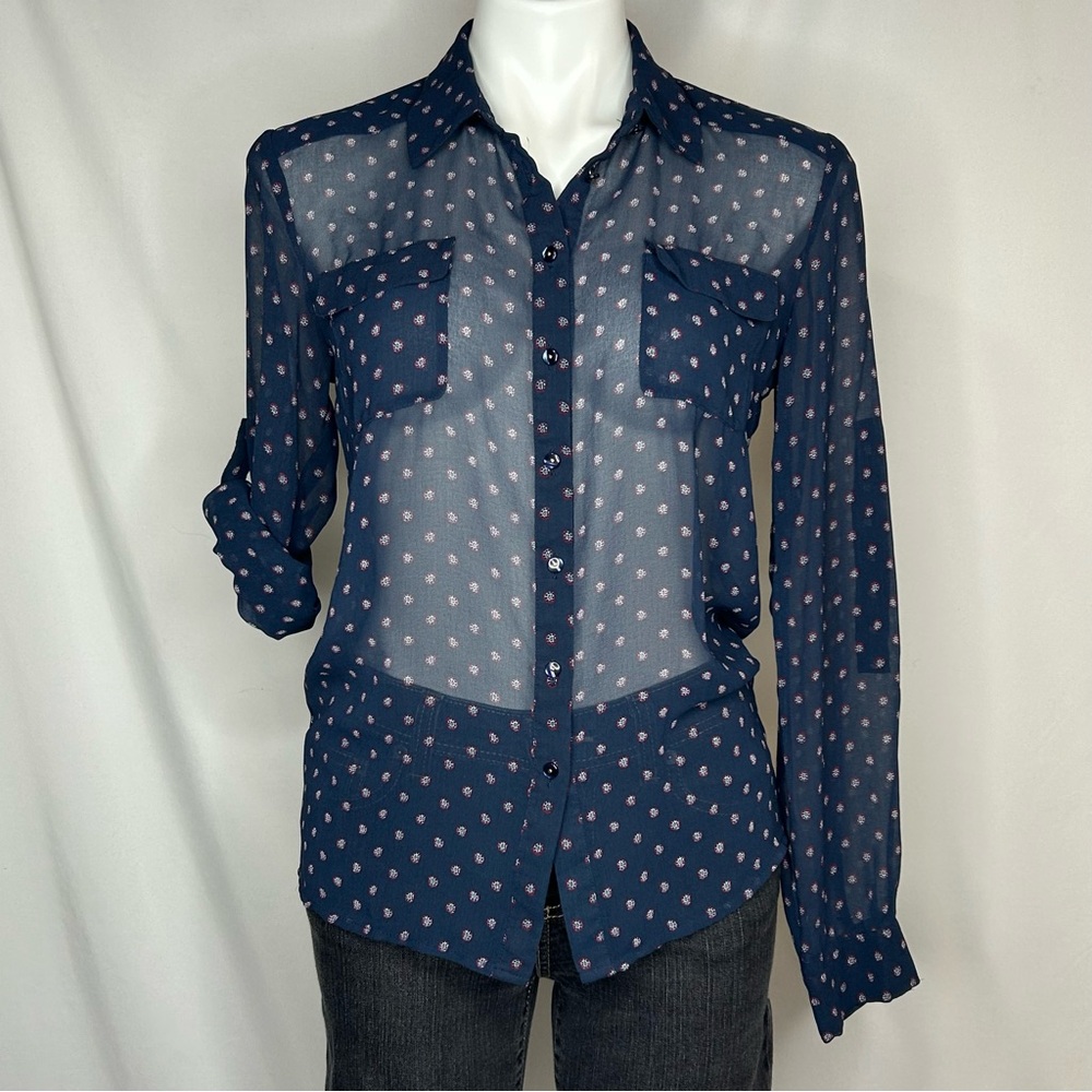 Wyld Hart Sheer Outlined Leopard Polka Dot Roll Cuff Button Down Top, Medium